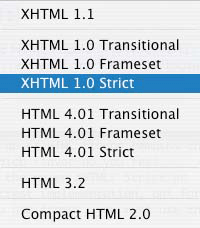 Menu showing Valid DOCTYPEs